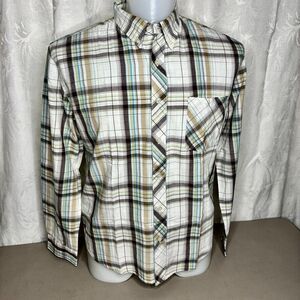 Aeropostale Long Sleeve Relaxed Brown Plaid Slub Button Up Shirt Mens L 43-45
